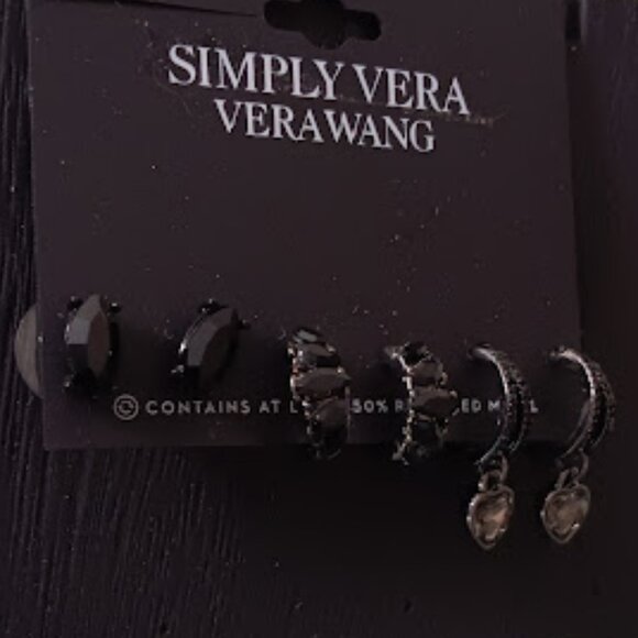 VERA WANG 3pc SET Goth Black Crystal Studs + Black Crystal & Heart Hoop Earrings - Picture 3 of 3